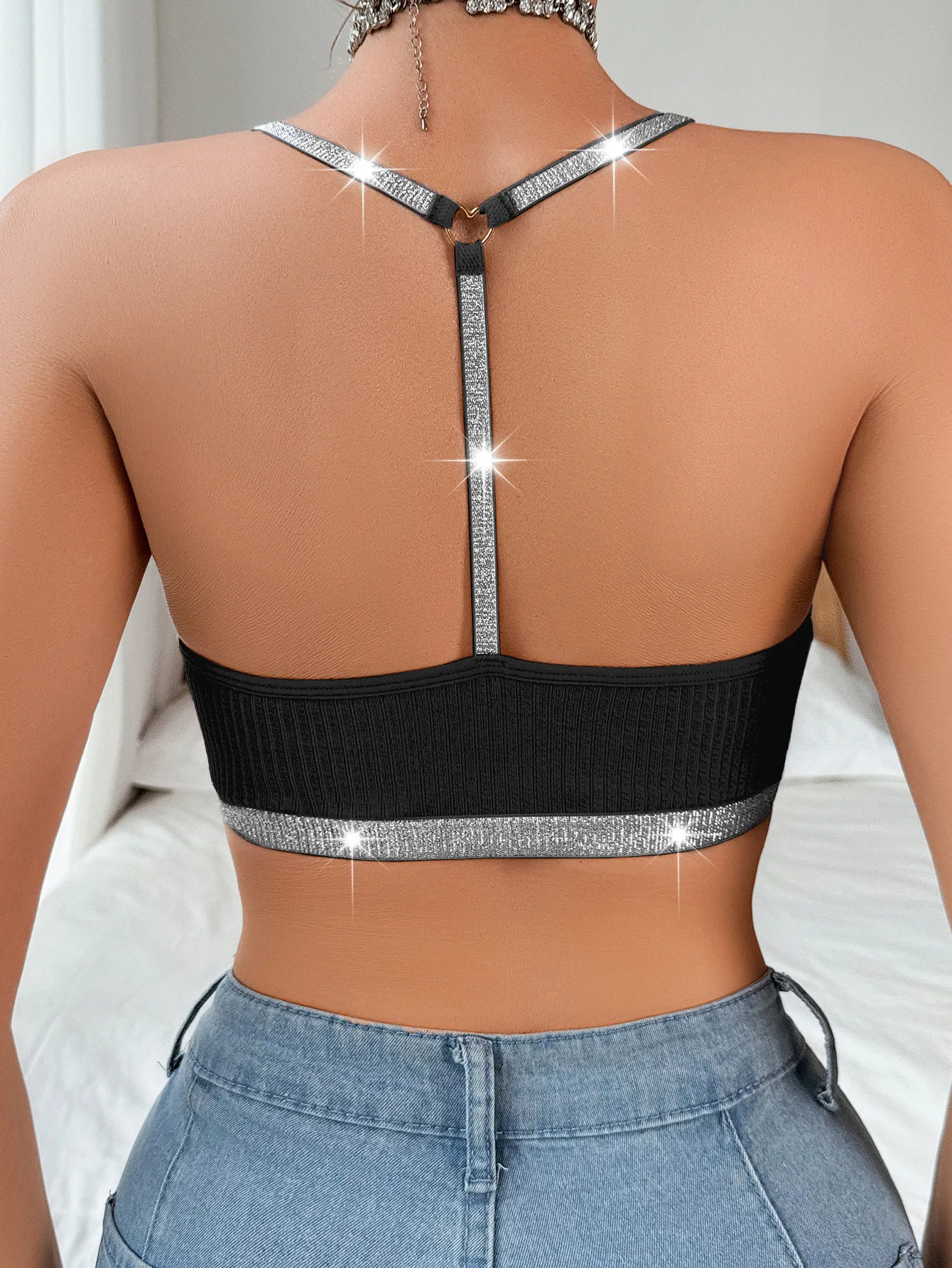 Underwear Vest Bra Lace Stitching Halter Silver Ribbon Large Backless Outer Wearing New Bra In Stock display picture 2
