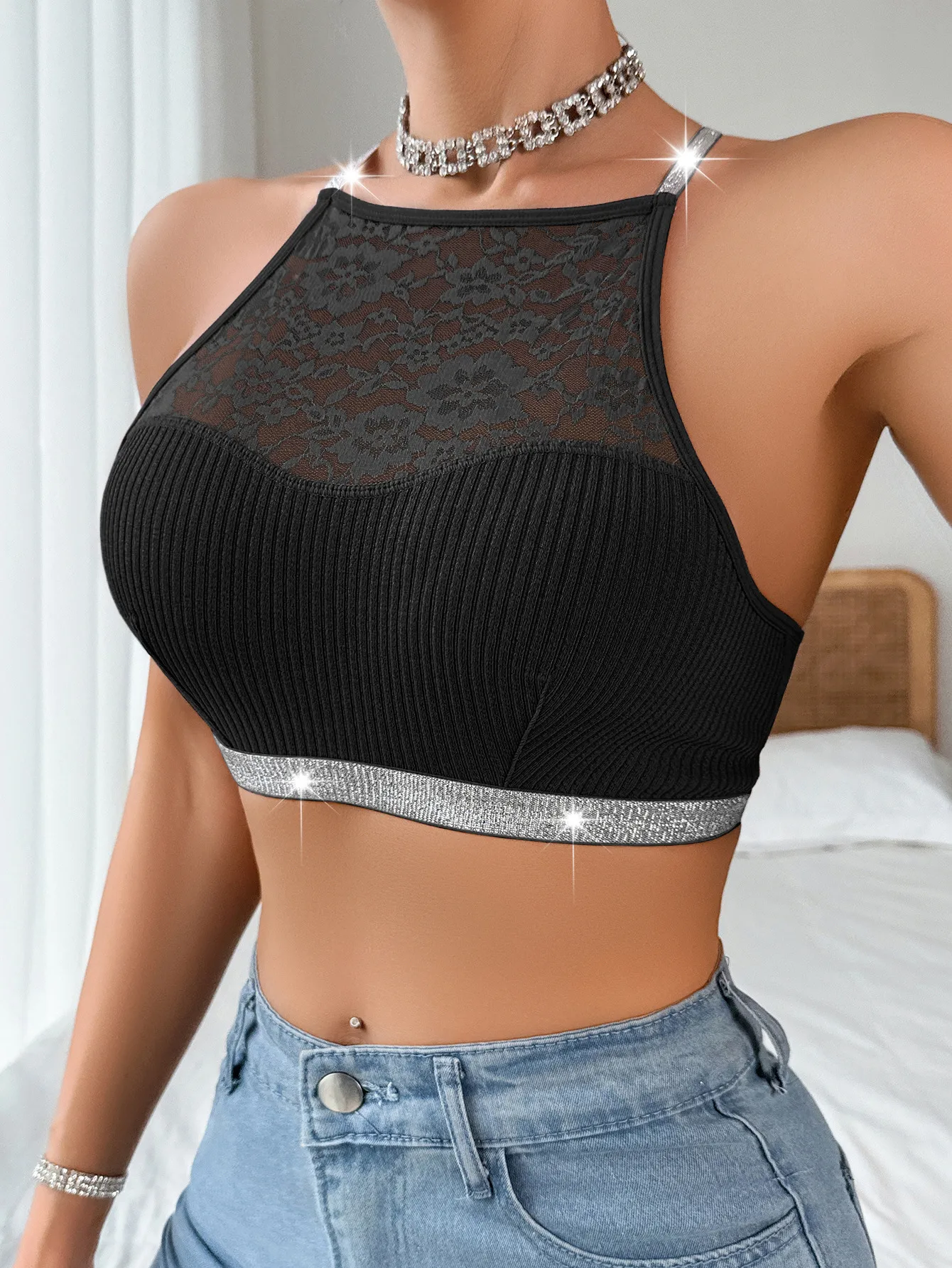 Underwear Vest Bra Lace Stitching Halter Silver Ribbon Large Backless Outer Wearing New Bra In Stock display picture 3