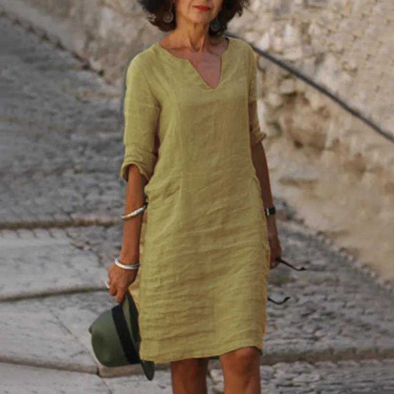 No Pocket    Cotton And Linen Wash Wrinkle V-neck Loose Retro Solid Color Half Sleeve Dress Women display picture 3