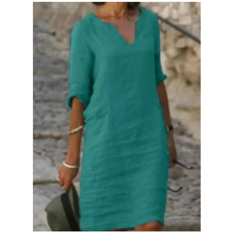 No Pocket    Cotton And Linen Wash Wrinkle V-neck Loose Retro Solid Color Half Sleeve Dress Women display picture 11