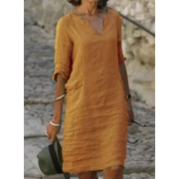 No Pocket    Cotton And Linen Wash Wrinkle V-neck Loose Retro Solid Color Half Sleeve Dress Women display picture 12