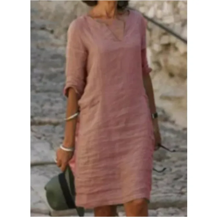No Pocket    Cotton And Linen Wash Wrinkle V-neck Loose Retro Solid Color Half Sleeve Dress Women display picture 13