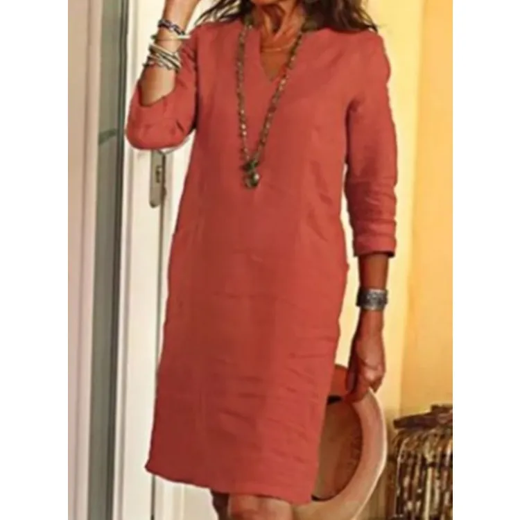 No Pocket    Cotton And Linen Wash Wrinkle V-neck Loose Retro Solid Color Half Sleeve Dress Women display picture 14