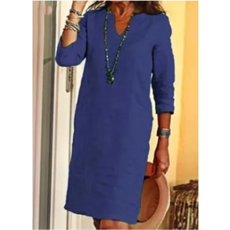 No Pocket    Cotton And Linen Wash Wrinkle V-neck Loose Retro Solid Color Half Sleeve Dress Women display picture 15