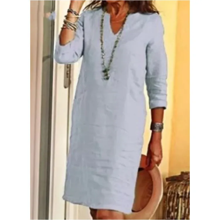 No Pocket    Cotton And Linen Wash Wrinkle V-neck Loose Retro Solid Color Half Sleeve Dress Women display picture 16