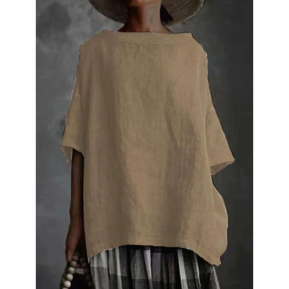 Spot Designed Summer New Top Woven Round Neck  Cotton And Linen Solid Color Loose Women's T-shirt display picture 3