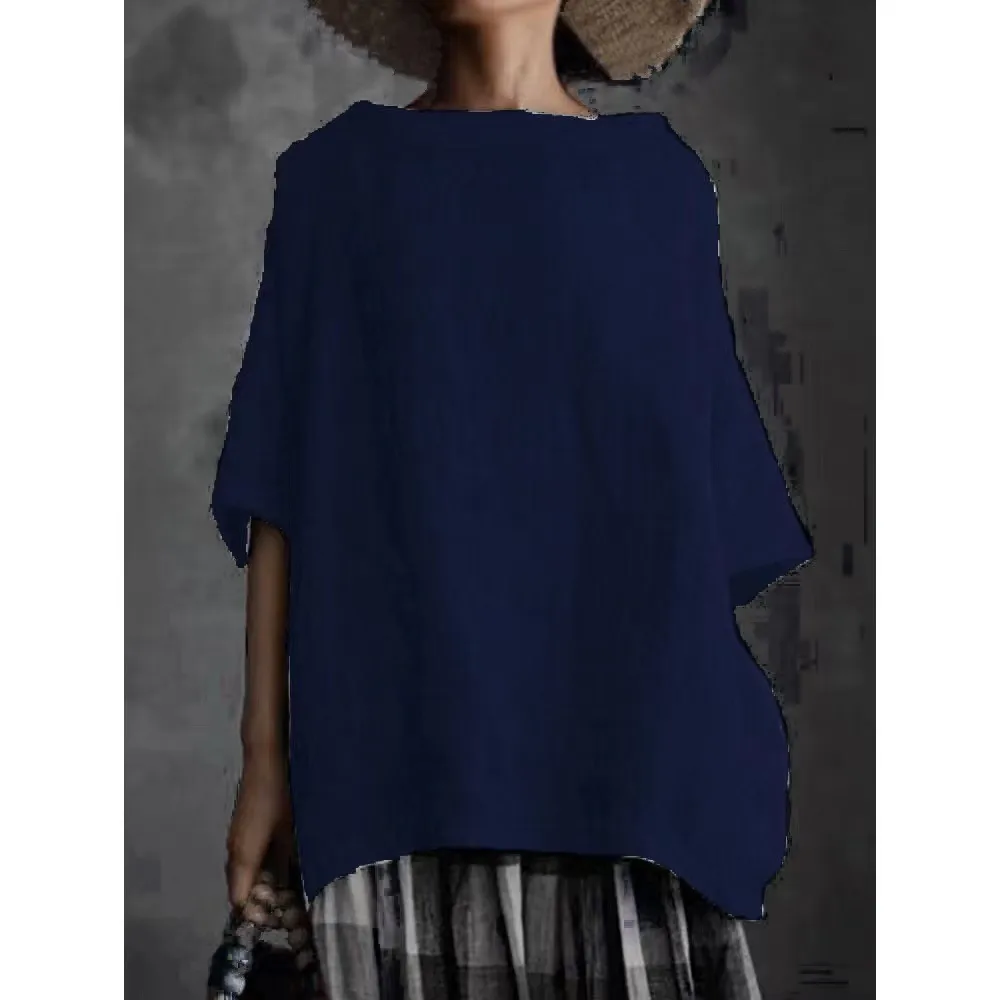Spot Designed Summer New Top Woven Round Neck  Cotton And Linen Solid Color Loose Women's T-shirt display picture 4