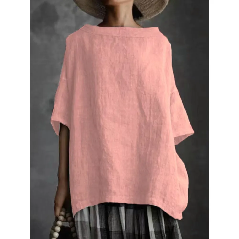 Spot Designed Summer New Top Woven Round Neck  Cotton And Linen Solid Color Loose Women's T-shirt display picture 5