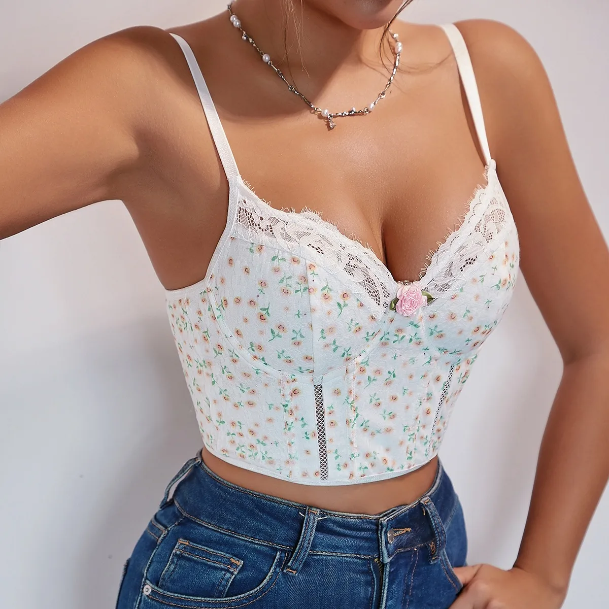 INS New Small Floral Fresh Sweet Lace Steel Ring Fishbone Buckle Small Sling A1380 display picture 2
