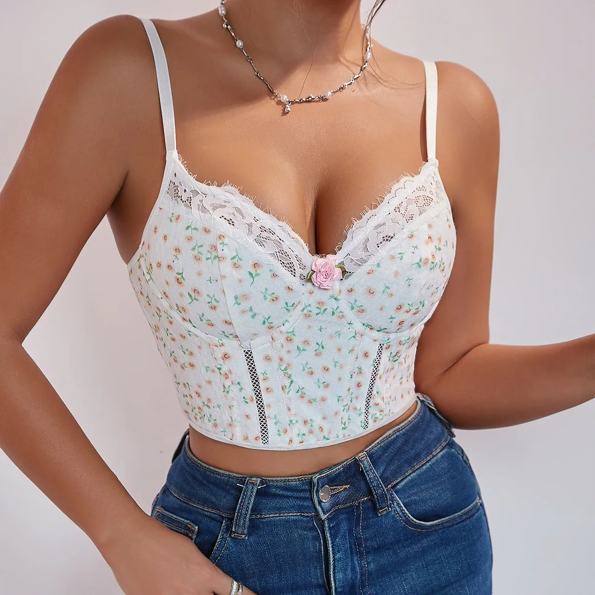 INS New Small Floral Fresh Sweet Lace Steel Ring Fishbone Buckle Small Sling A1380 display picture 4