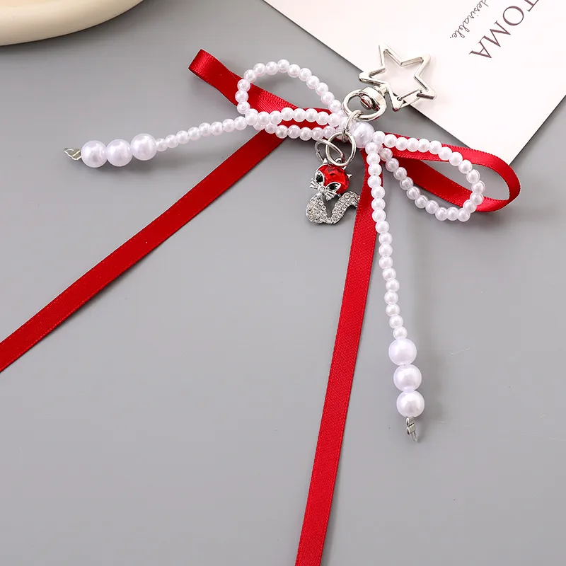 1 Piece Cute Modern Style Classic Style Fox Bow Knot Imitation Pearl Alloy Women's Spring Ring Trigger Clasp Closure Bag Pendant Keychain display picture 5