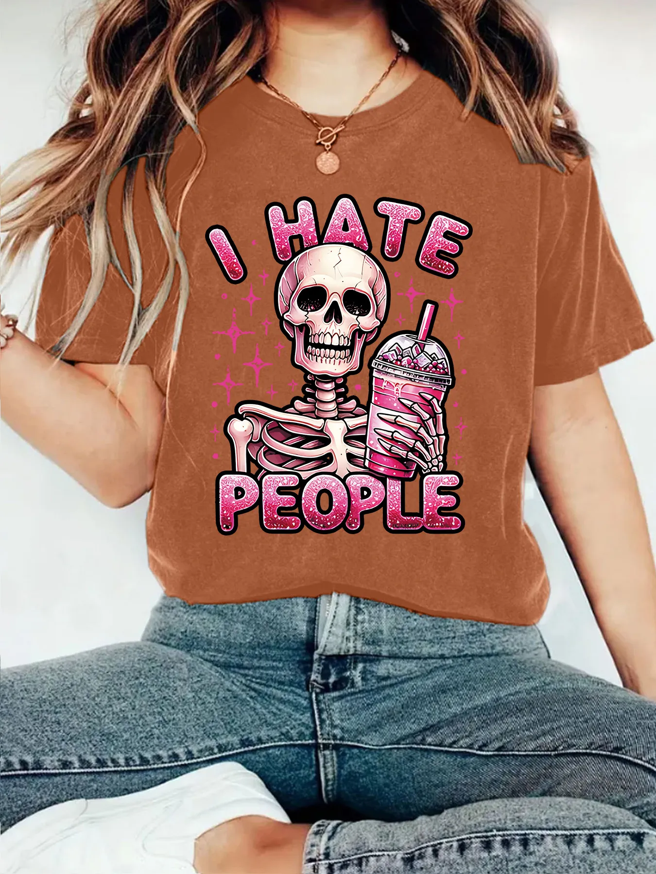 Cute Skeleton Halloween Print Loose Short Sleeve Round Neck T-Shirt Women Casual Comfortable Cotton Polyester Top display picture 1