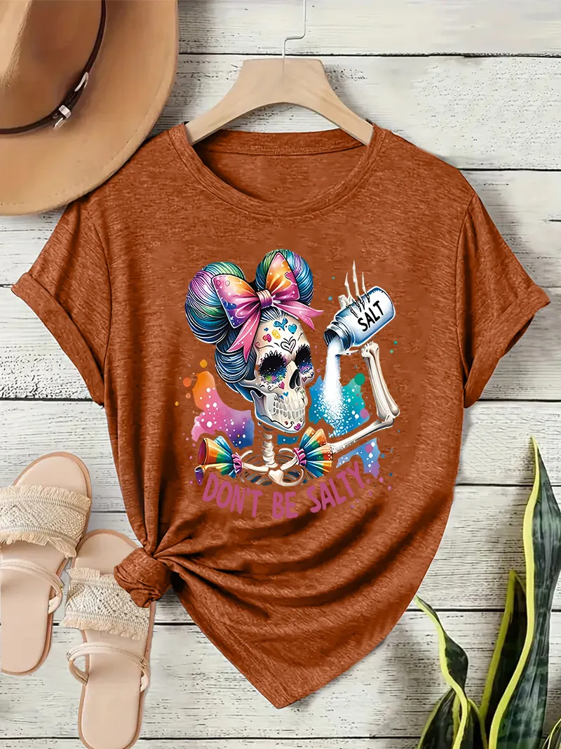 Loose Short Sleeve Round Neck Women's T-shirt Colorful Sugar Skull Halloween Pattern Street Style High Street Fashion E-commerce display picture 2