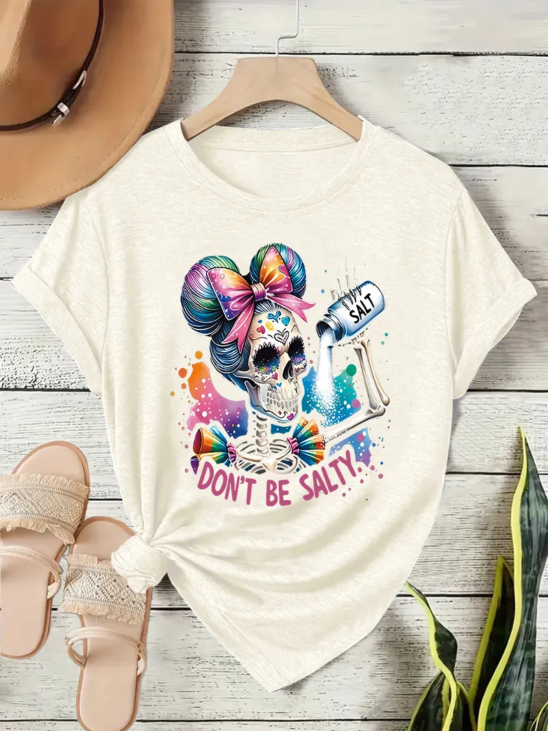 Loose Short Sleeve Round Neck Women's T-shirt Colorful Sugar Skull Halloween Pattern Street Style High Street Fashion E-commerce display picture 3
