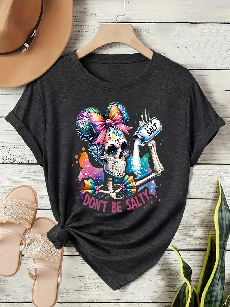 Loose Short Sleeve Round Neck Women's T-shirt Colorful Sugar Skull Halloween Pattern Street Style High Street Fashion E-commerce display picture 4
