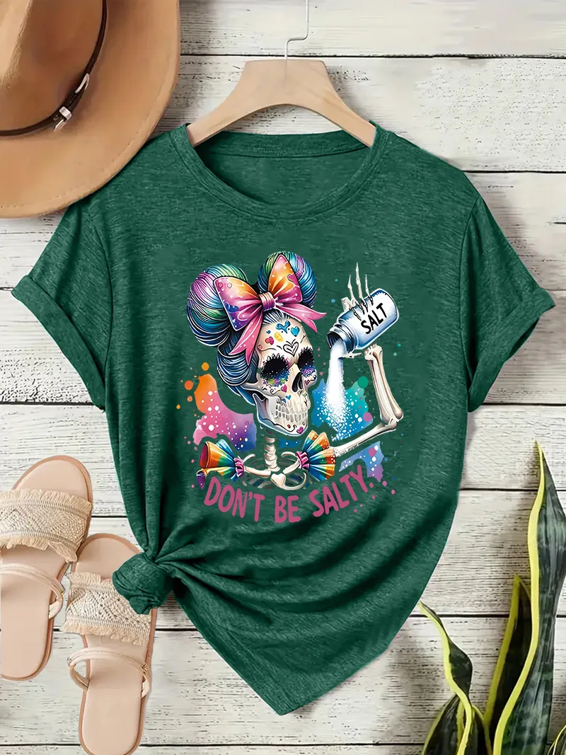 Loose Short Sleeve Round Neck Women's T-shirt Colorful Sugar Skull Halloween Pattern Street Style High Street Fashion E-commerce display picture 5