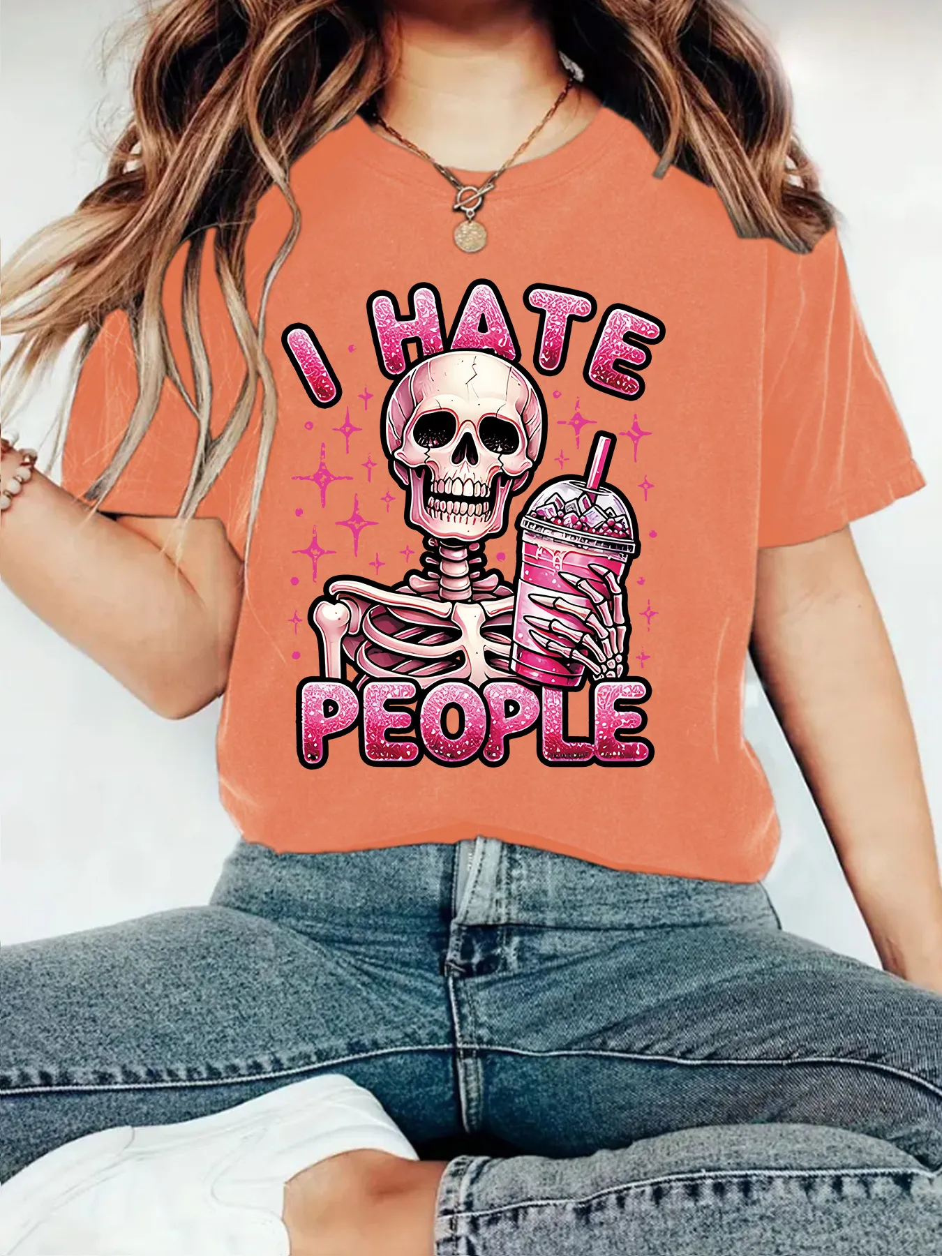 Cute Skeleton Halloween Print Loose Short Sleeve Round Neck T-Shirt Women Casual Comfortable Cotton Polyester Top display picture 4