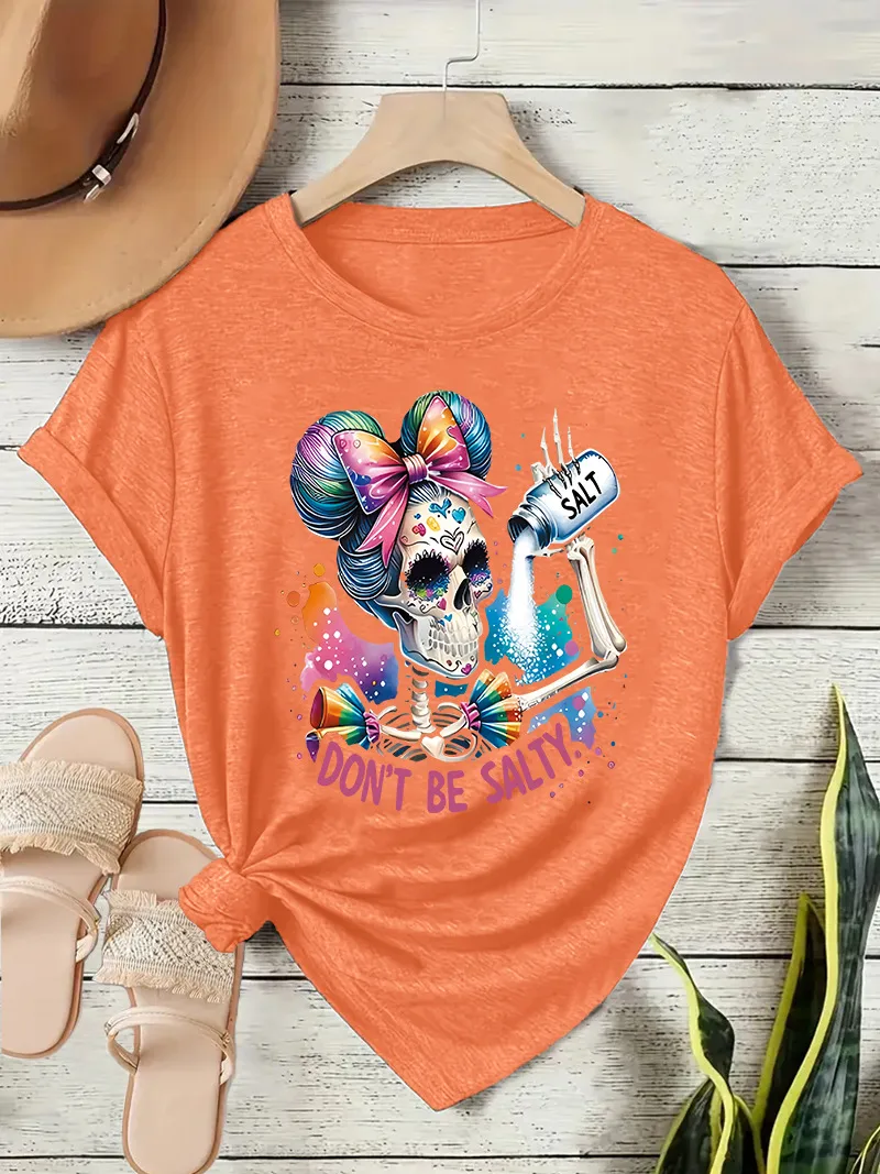 Loose Short Sleeve Round Neck Women's T-shirt Colorful Sugar Skull Halloween Pattern Street Style High Street Fashion E-commerce display picture 6