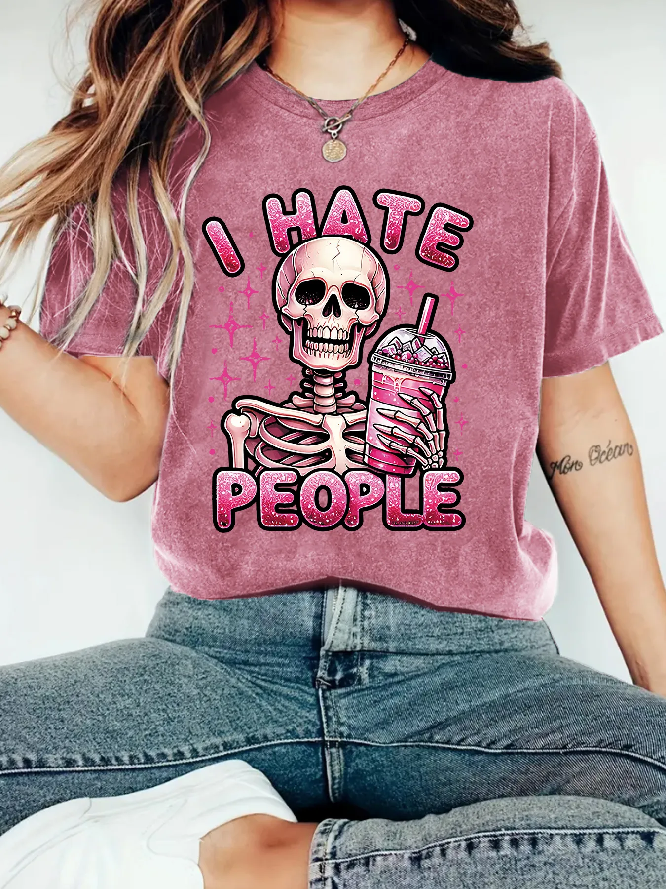 Cute Skeleton Halloween Print Loose Short Sleeve Round Neck T-Shirt Women Casual Comfortable Cotton Polyester Top display picture 5