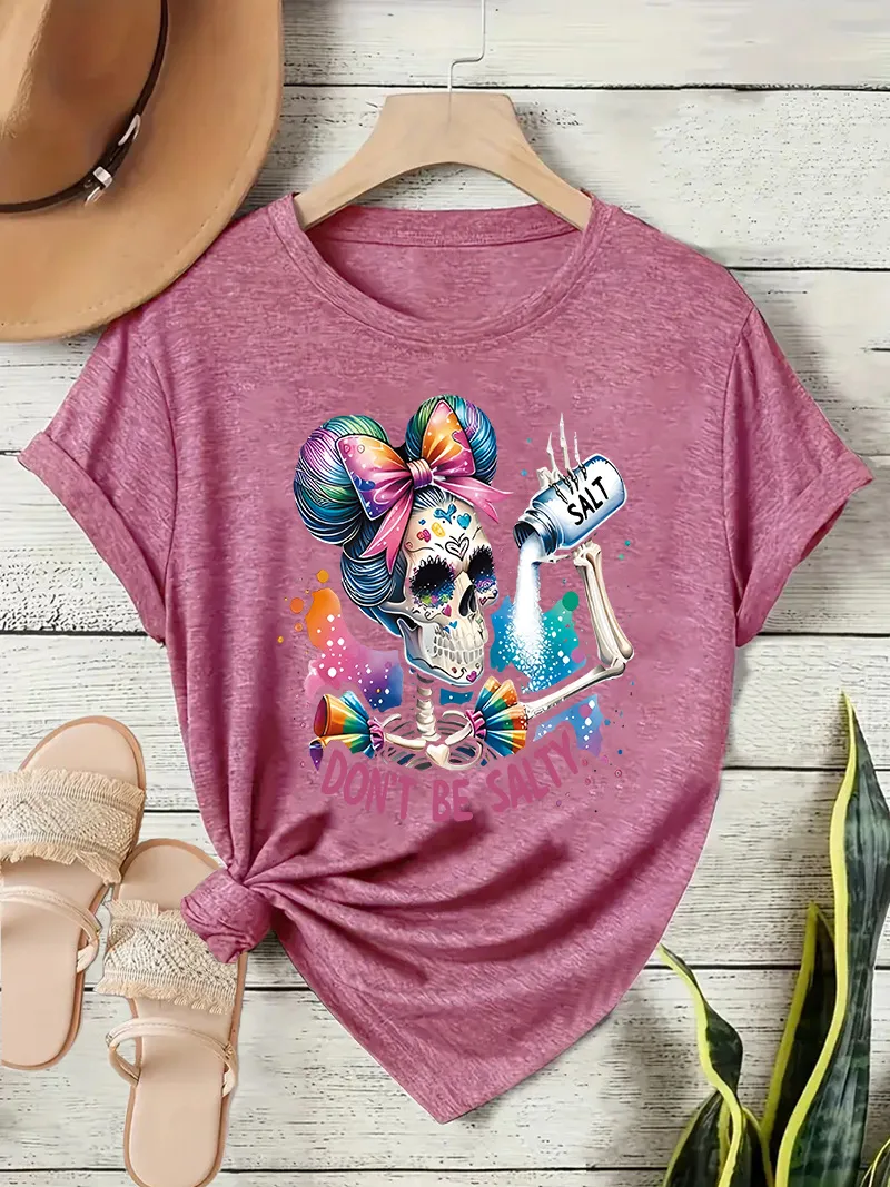 Loose Short Sleeve Round Neck Women's T-shirt Colorful Sugar Skull Halloween Pattern Street Style High Street Fashion E-commerce display picture 7