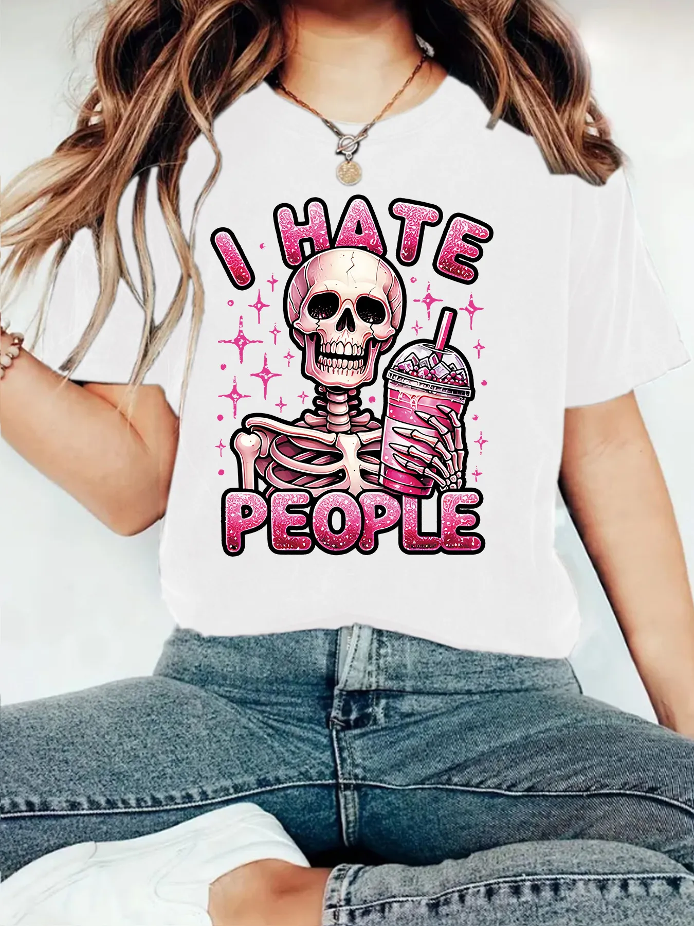 Cute Skeleton Halloween Print Loose Short Sleeve Round Neck T-Shirt Women Casual Comfortable Cotton Polyester Top display picture 6