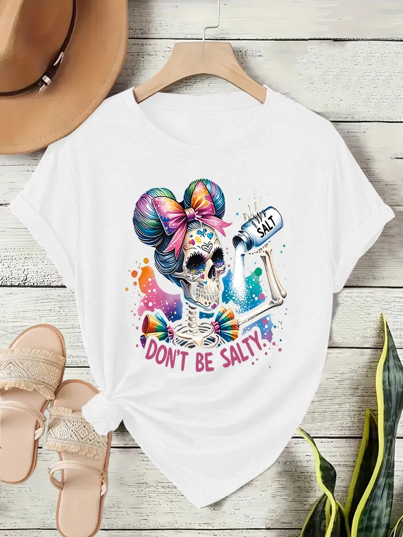 Loose Short Sleeve Round Neck Women's T-shirt Colorful Sugar Skull Halloween Pattern Street Style High Street Fashion E-commerce display picture 8