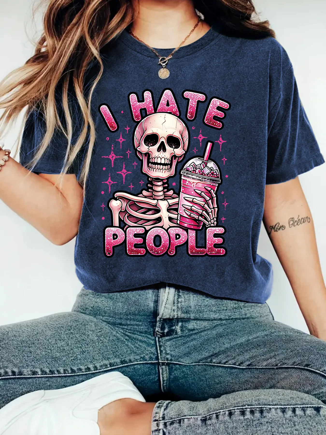 Cute Skeleton Halloween Print Loose Short Sleeve Round Neck T-Shirt Women Casual Comfortable Cotton Polyester Top display picture 7