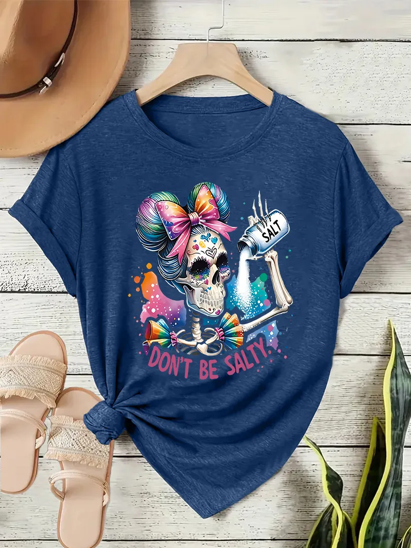 Loose Short Sleeve Round Neck Women's T-shirt Colorful Sugar Skull Halloween Pattern Street Style High Street Fashion E-commerce display picture 9