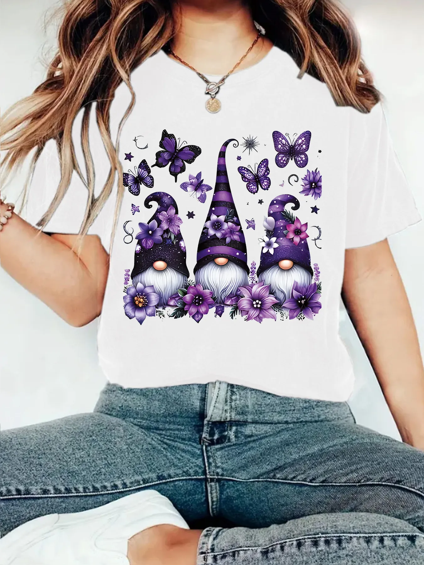 Purple Magic Hat Halloween Print Round Neck Short Sleeve Women's T-shirt Loose Fashion Top Street Style Cotton Polyester Blend display picture 7