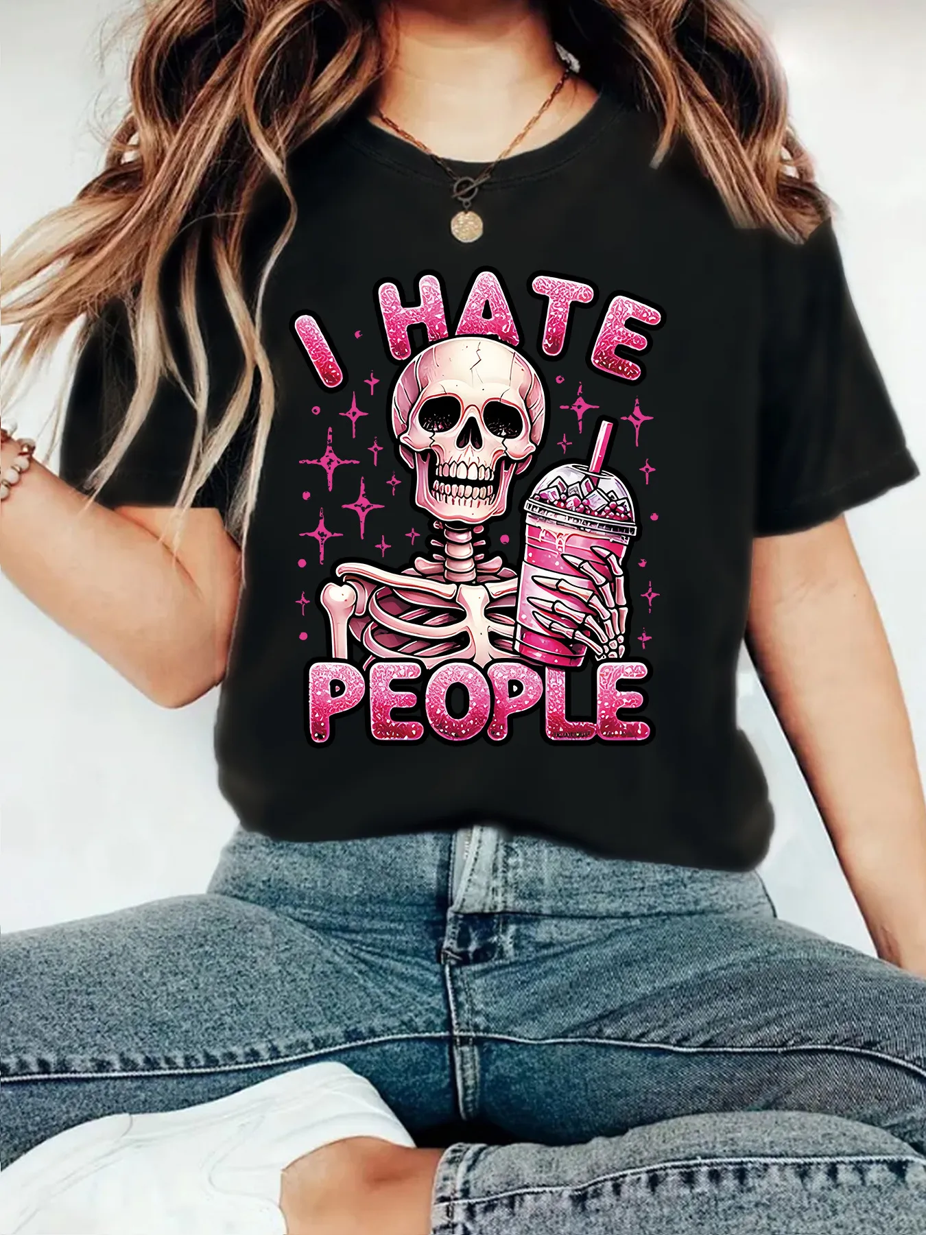 Cute Skeleton Halloween Print Loose Short Sleeve Round Neck T-Shirt Women Casual Comfortable Cotton Polyester Top display picture 8