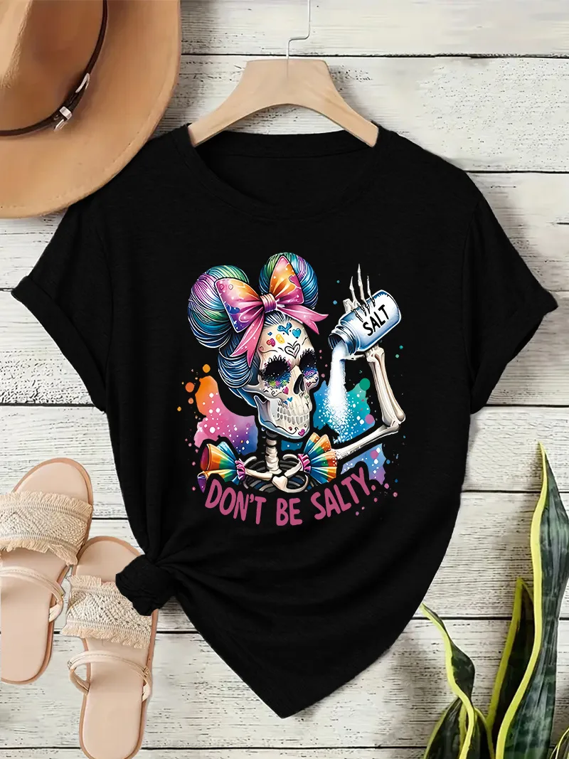 Loose Short Sleeve Round Neck Women's T-shirt Colorful Sugar Skull Halloween Pattern Street Style High Street Fashion E-commerce display picture 10