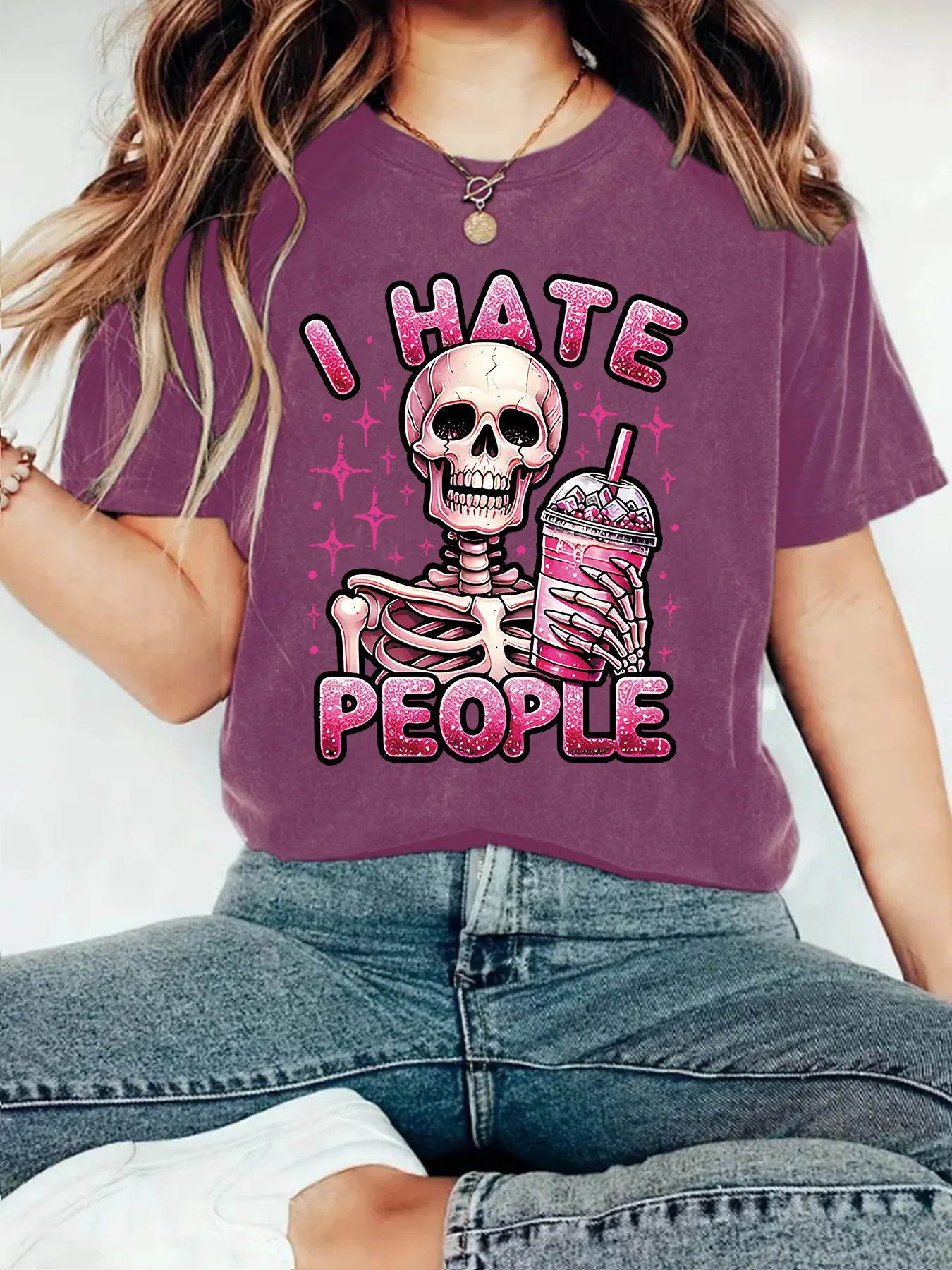 Cute Skeleton Halloween Print Loose Short Sleeve Round Neck T-Shirt Women Casual Comfortable Cotton Polyester Top display picture 9