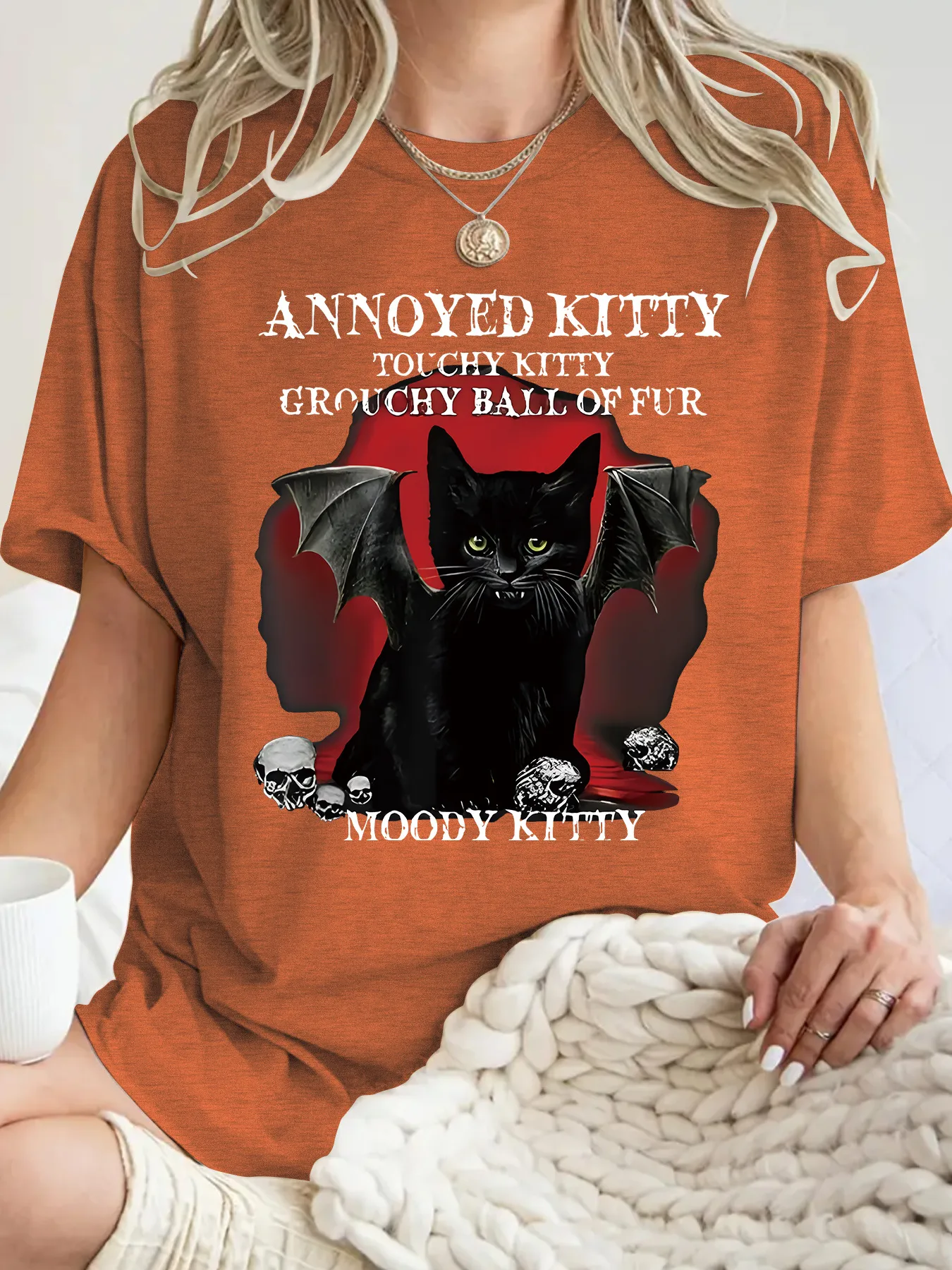 Fashionable Short Sleeve T-Shirt Women's Halloween Horror Devil Cat Summer Top Street Style Round Neck Print Cotton Polyester display picture 1