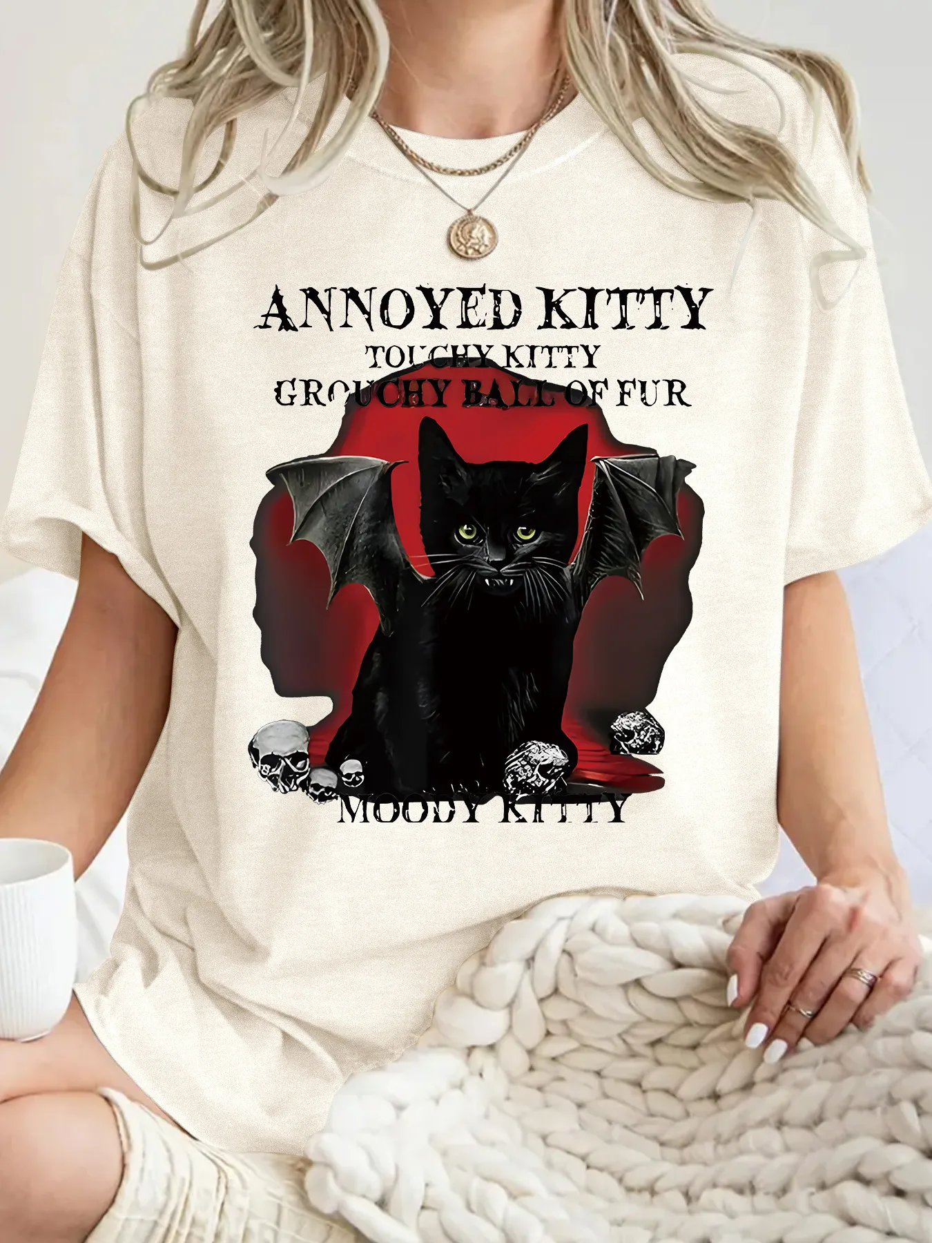 Fashionable Short Sleeve T-Shirt Women's Halloween Horror Devil Cat Summer Top Street Style Round Neck Print Cotton Polyester display picture 2
