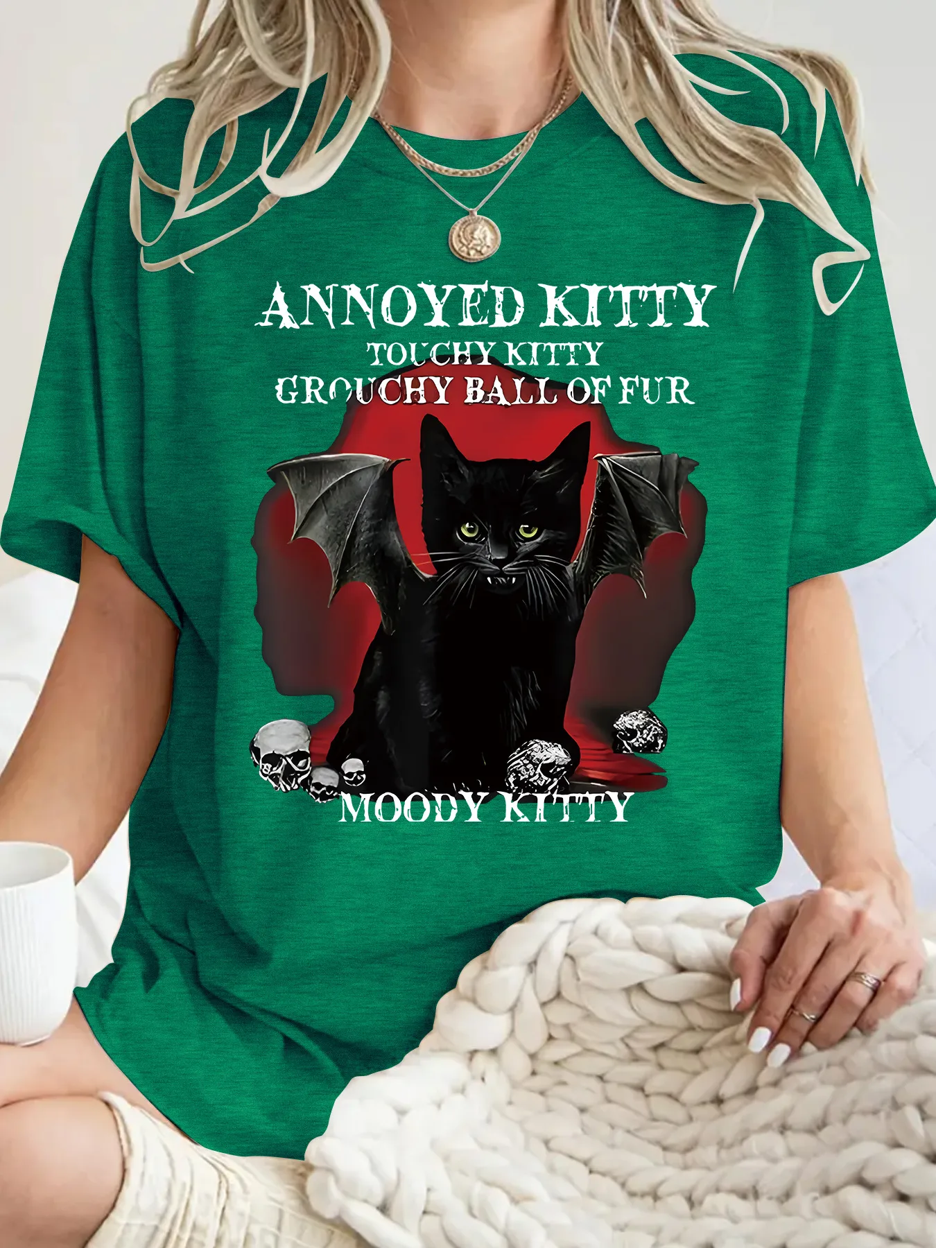 Fashionable Short Sleeve T-Shirt Women's Halloween Horror Devil Cat Summer Top Street Style Round Neck Print Cotton Polyester display picture 3