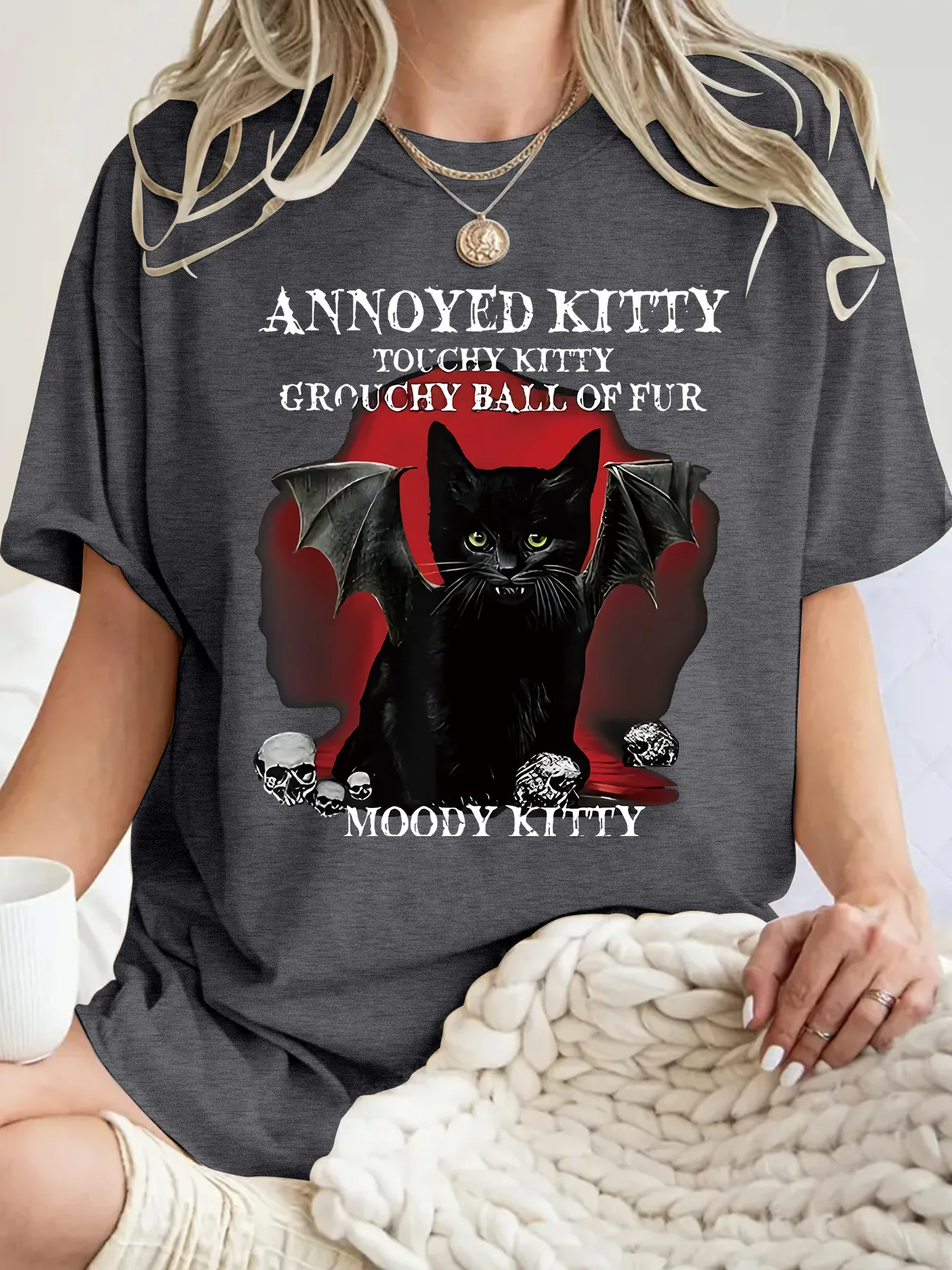 Fashionable Short Sleeve T-Shirt Women's Halloween Horror Devil Cat Summer Top Street Style Round Neck Print Cotton Polyester display picture 4