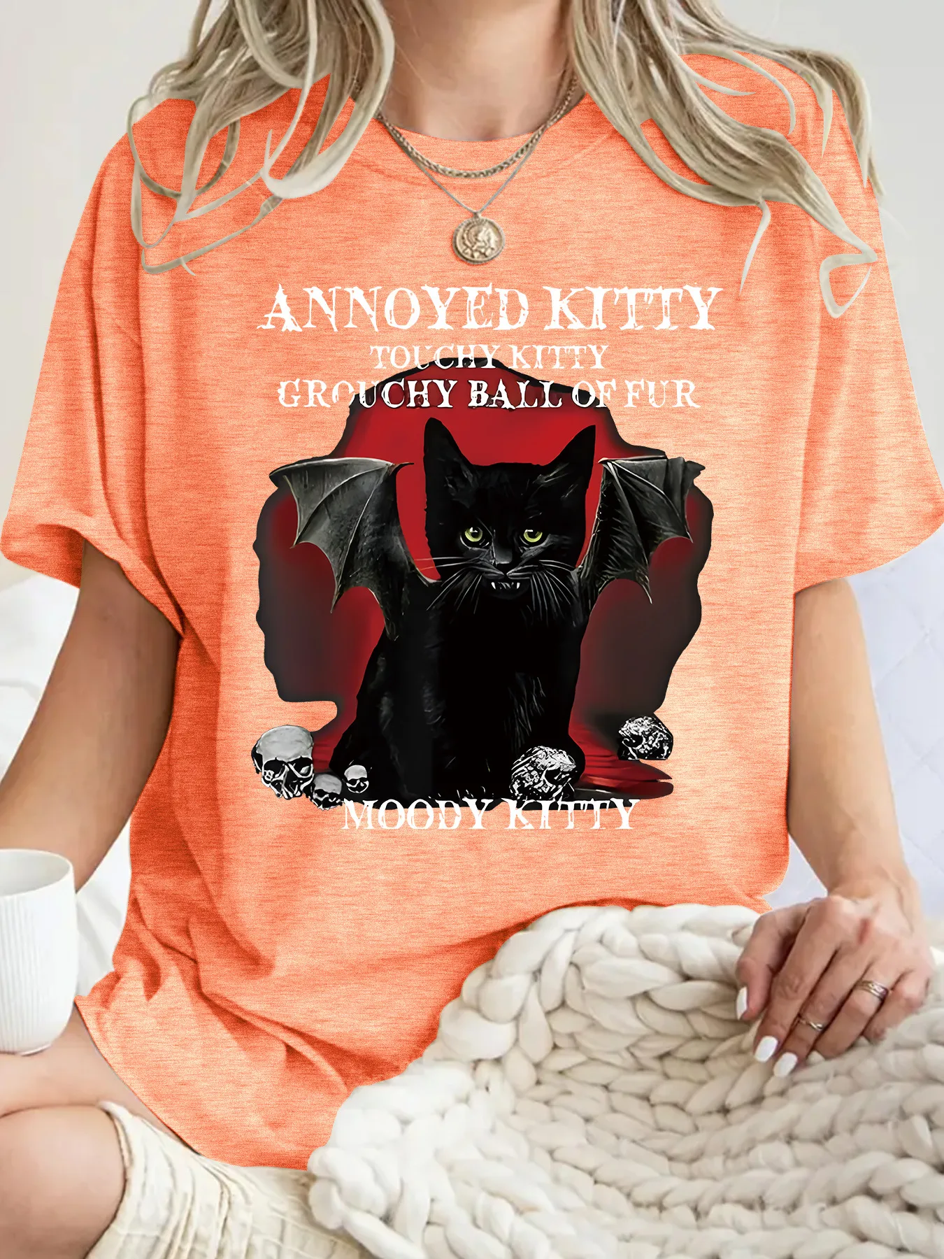 Fashionable Short Sleeve T-Shirt Women's Halloween Horror Devil Cat Summer Top Street Style Round Neck Print Cotton Polyester display picture 5