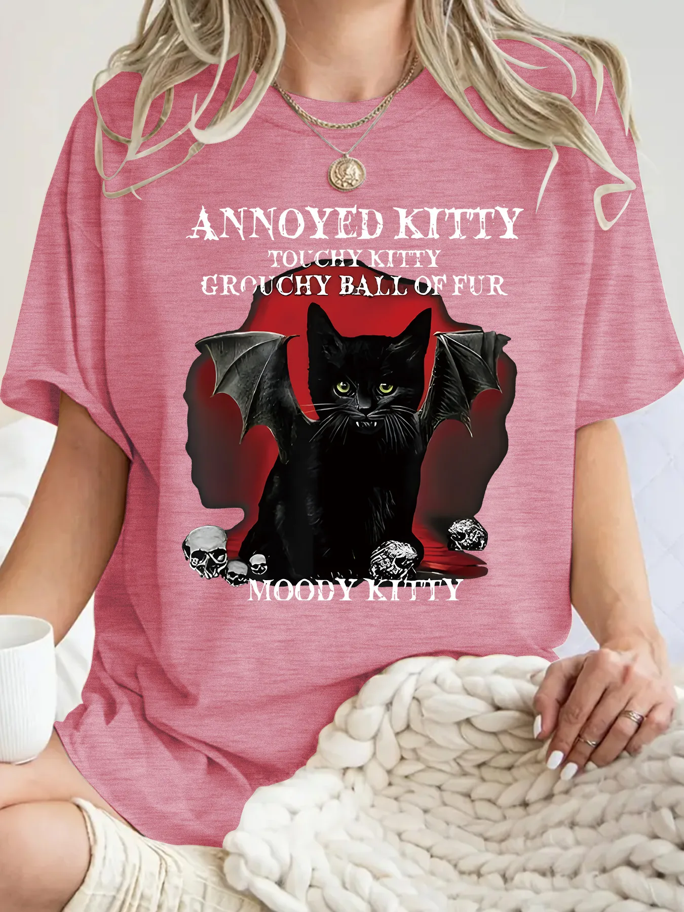 Fashionable Short Sleeve T-Shirt Women's Halloween Horror Devil Cat Summer Top Street Style Round Neck Print Cotton Polyester display picture 6