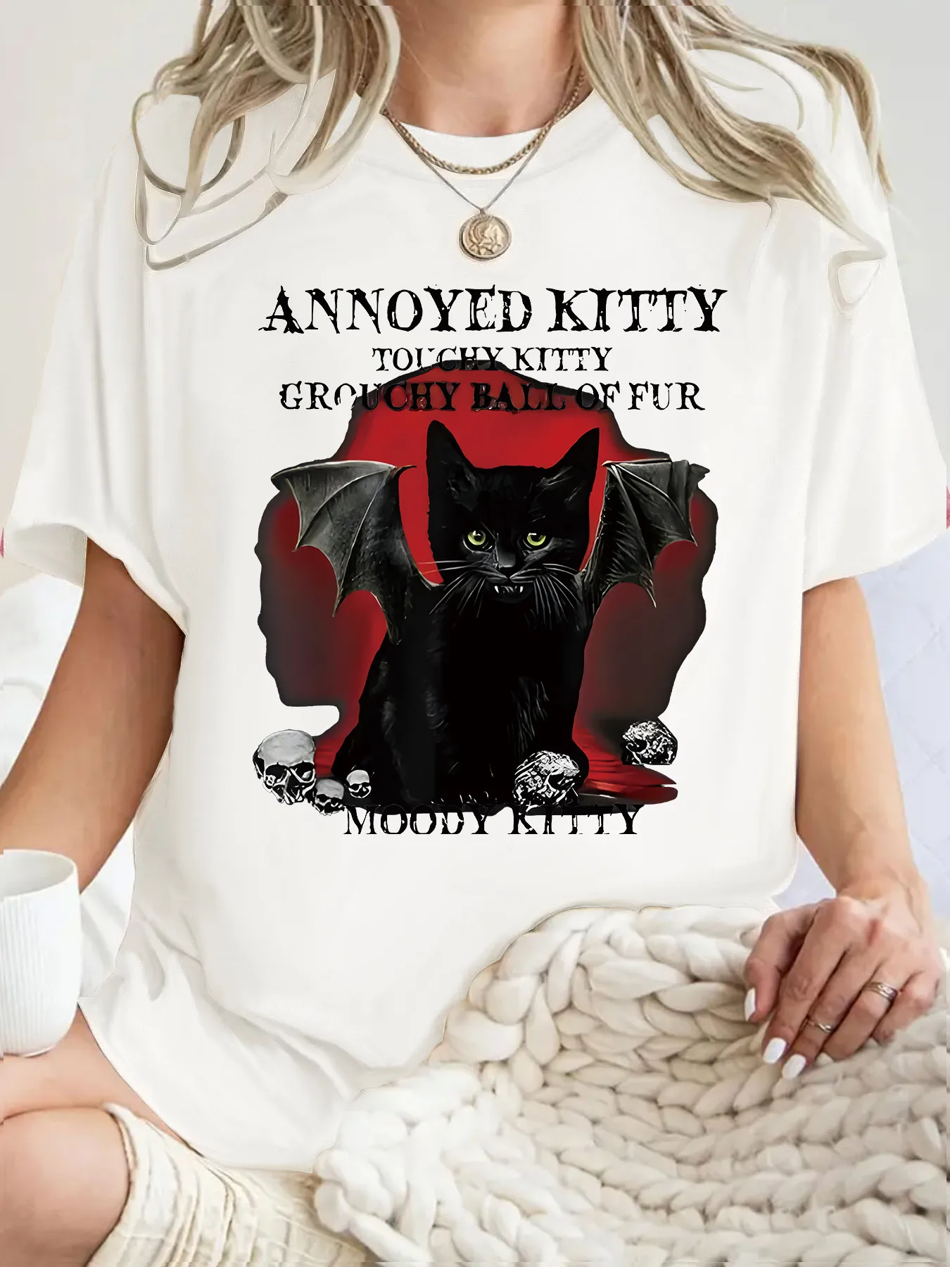 Fashionable Short Sleeve T-Shirt Women's Halloween Horror Devil Cat Summer Top Street Style Round Neck Print Cotton Polyester display picture 7