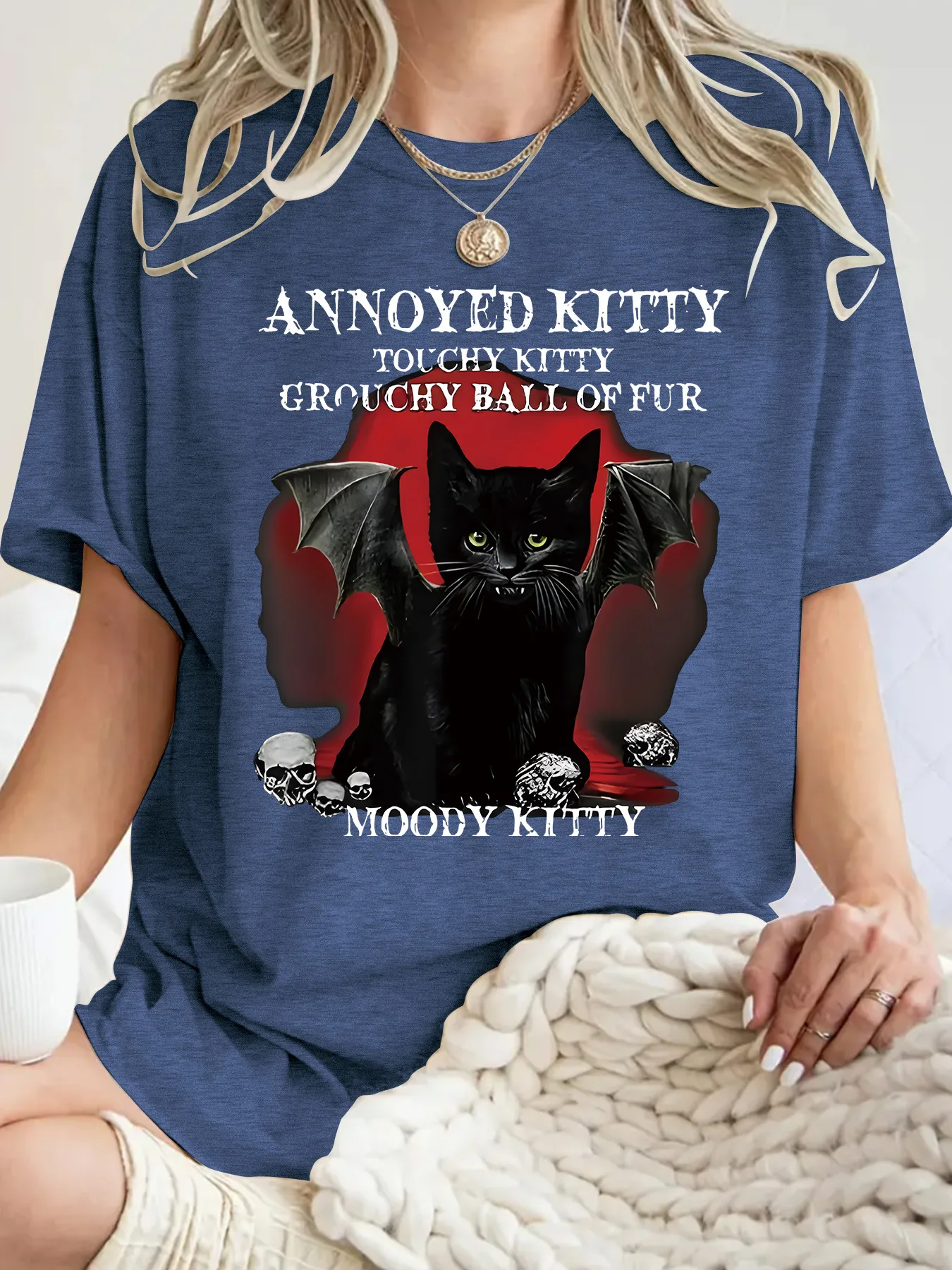 Fashionable Short Sleeve T-Shirt Women's Halloween Horror Devil Cat Summer Top Street Style Round Neck Print Cotton Polyester display picture 8