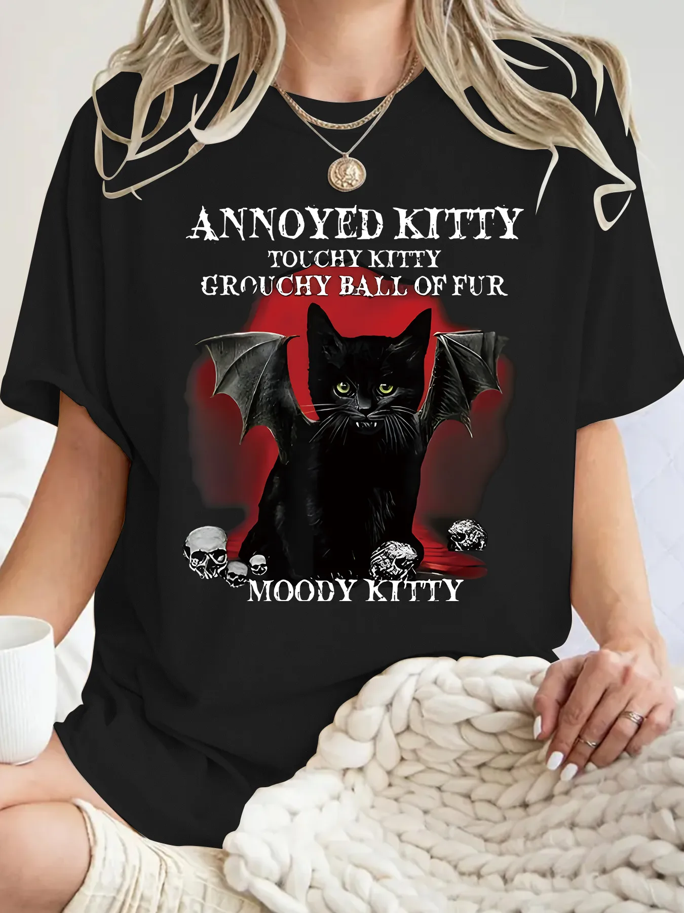 Fashionable Short Sleeve T-Shirt Women's Halloween Horror Devil Cat Summer Top Street Style Round Neck Print Cotton Polyester display picture 9