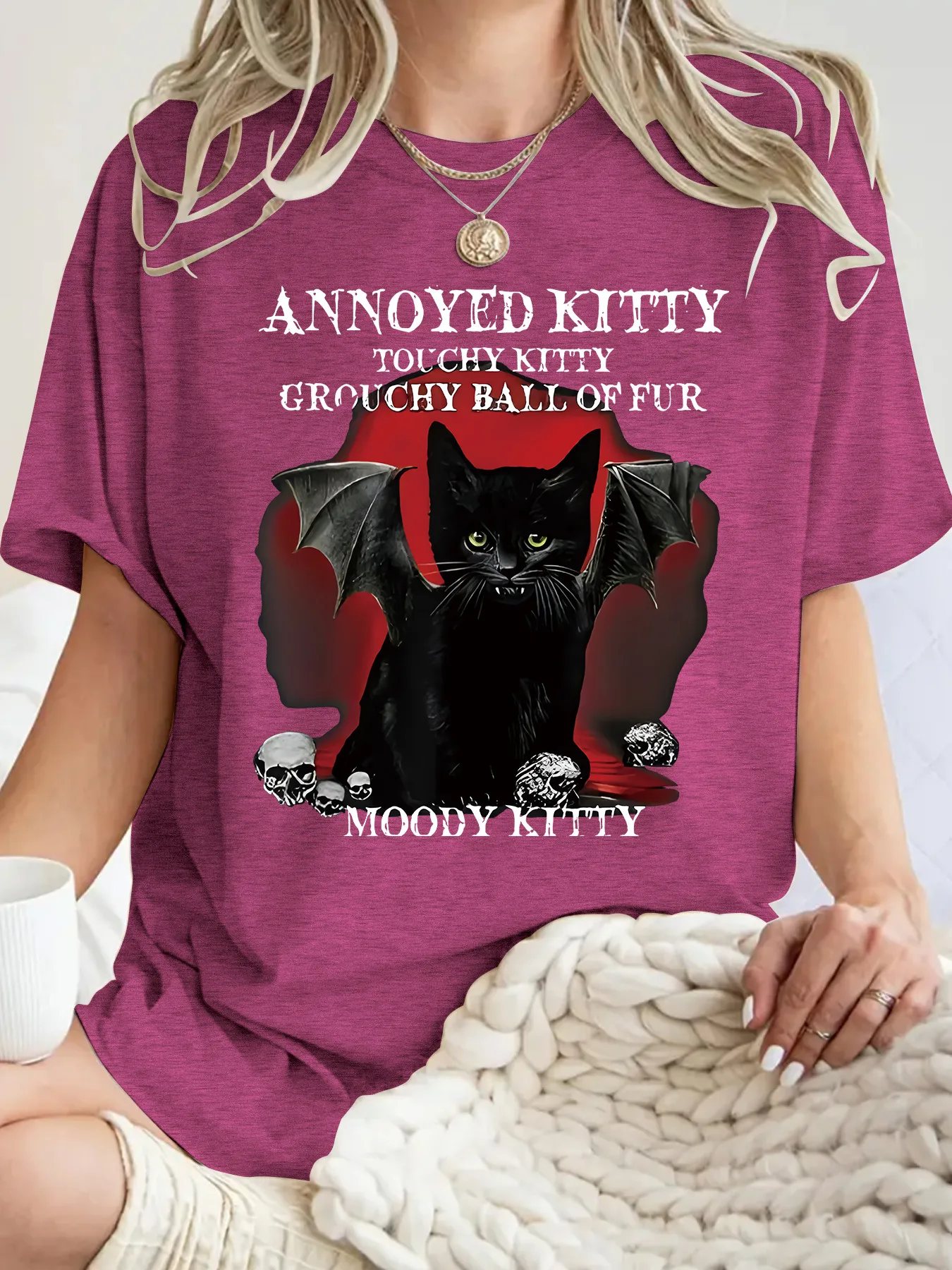 Fashionable Short Sleeve T-Shirt Women's Halloween Horror Devil Cat Summer Top Street Style Round Neck Print Cotton Polyester display picture 10