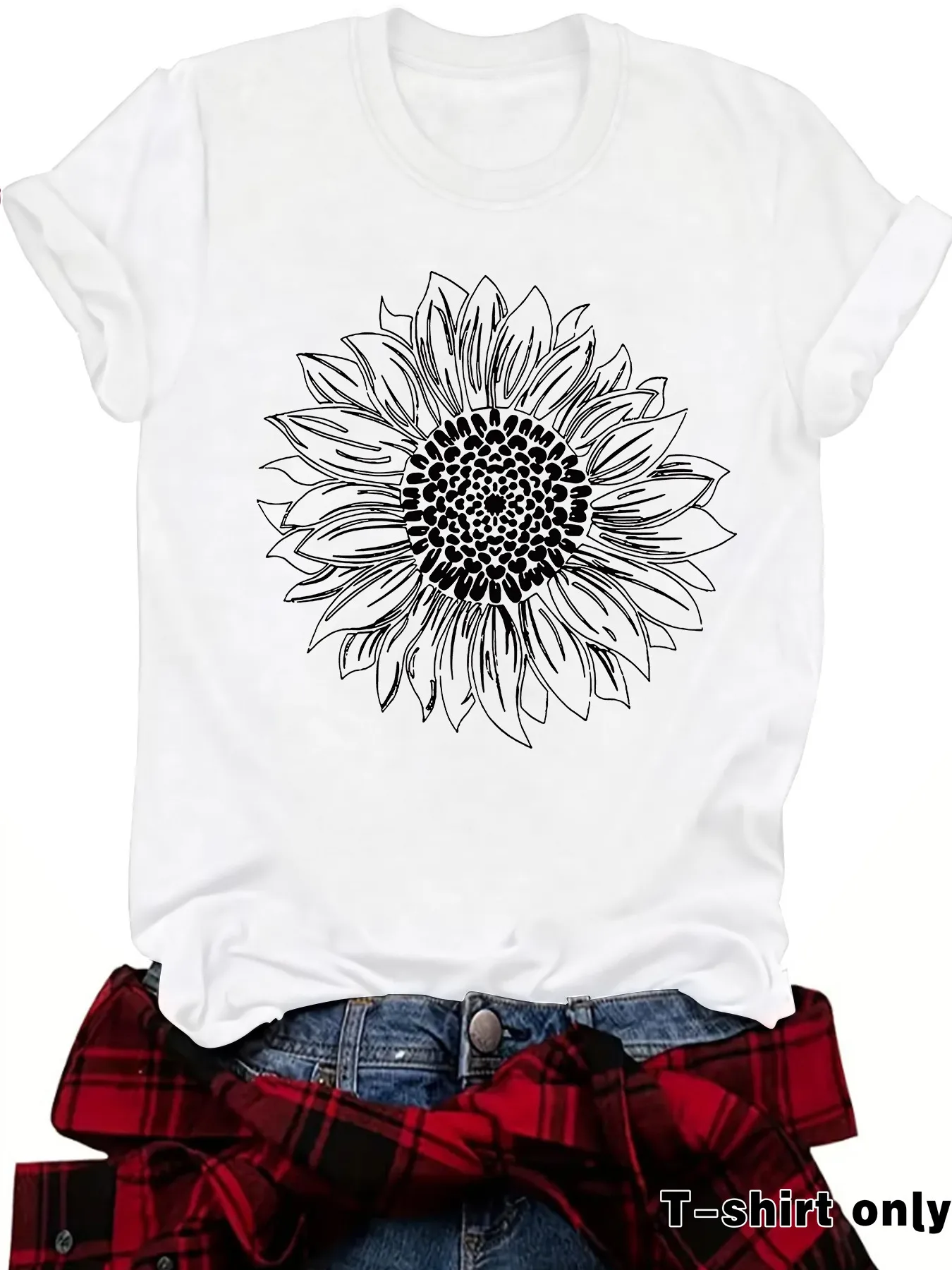 Loose Casual Short Sleeve Round Neck T-Shirt Women's Fashionable Daisy Print Cotton Polyester Blend Street Style Top display picture 7