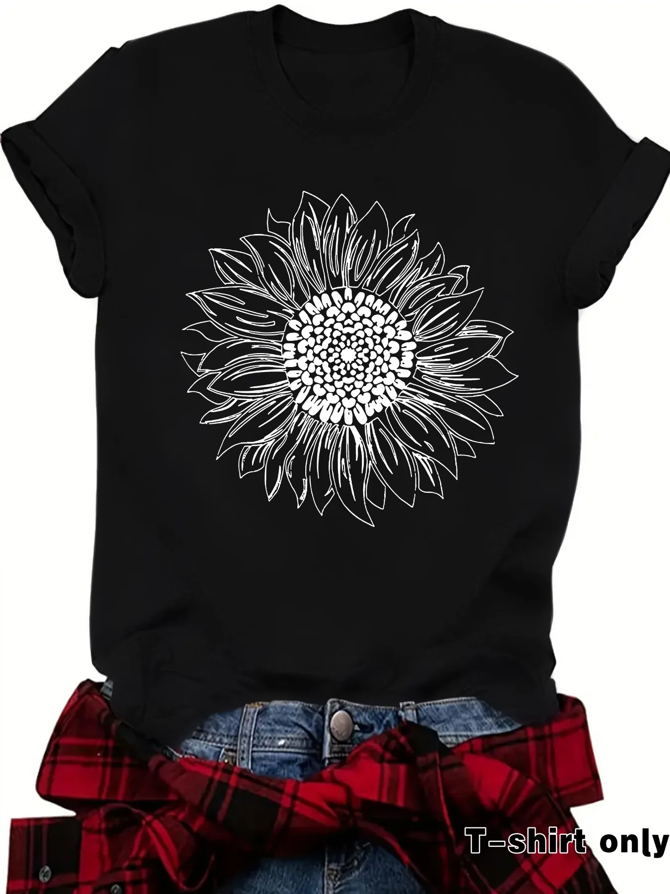 Loose Casual Short Sleeve Round Neck T-Shirt Women's Fashionable Daisy Print Cotton Polyester Blend Street Style Top display picture 9