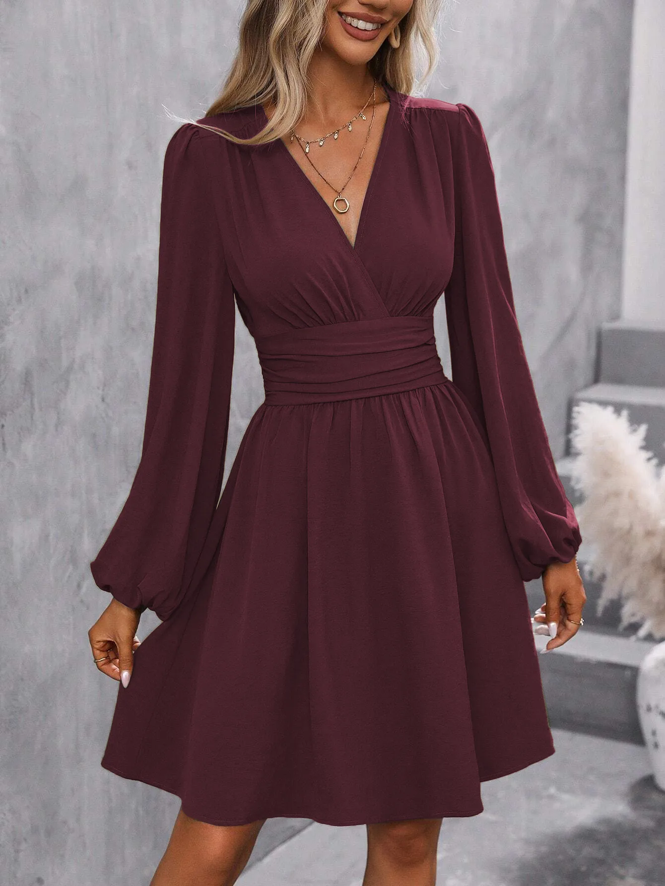 Elegant High Waist Lantern Sleeve Gown  Style Autumn Winter New Fashion Side Collar Pleated Waist Dress display picture 30