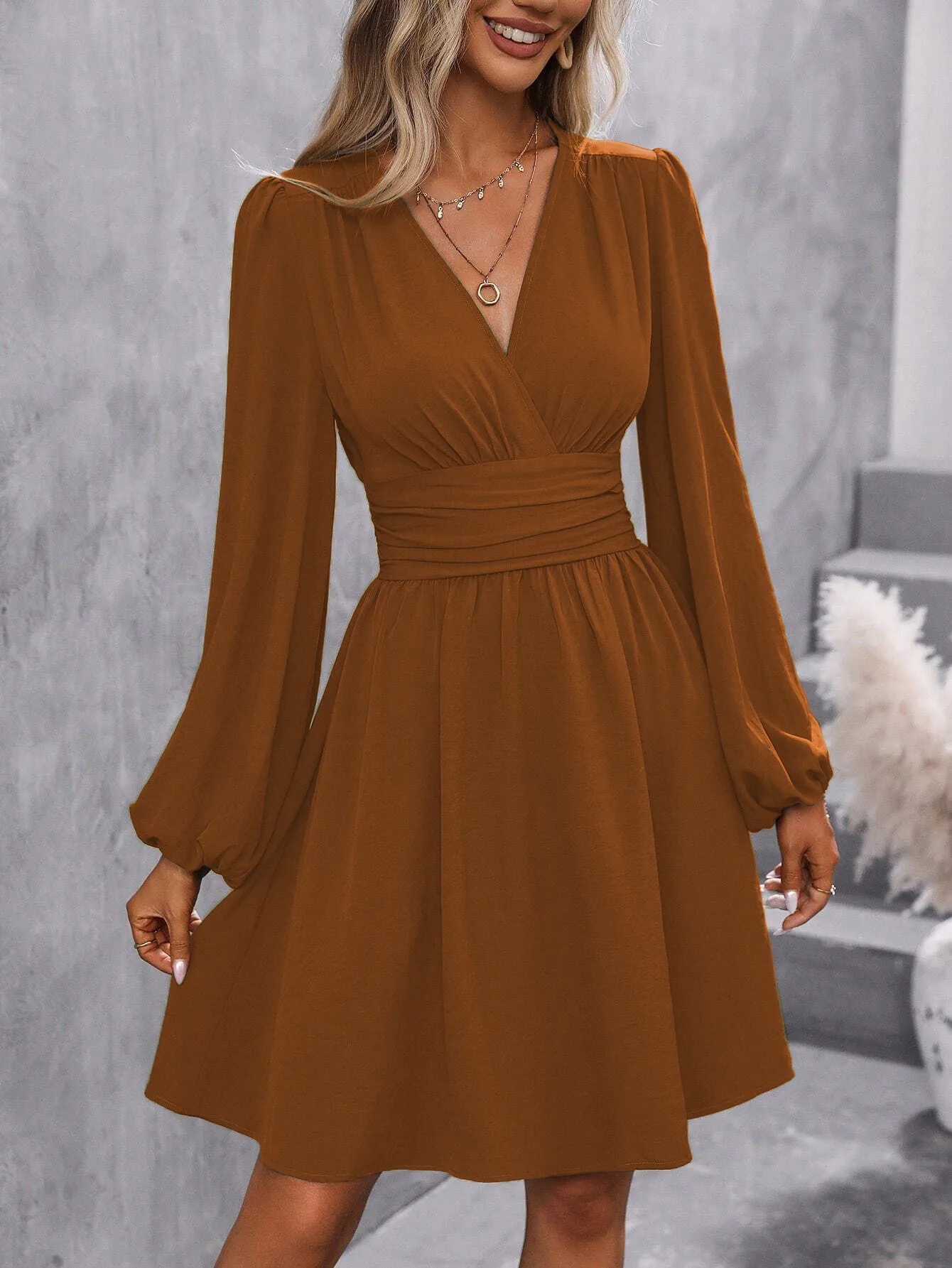 Elegant High Waist Lantern Sleeve Gown  Style Autumn Winter New Fashion Side Collar Pleated Waist Dress display picture 33