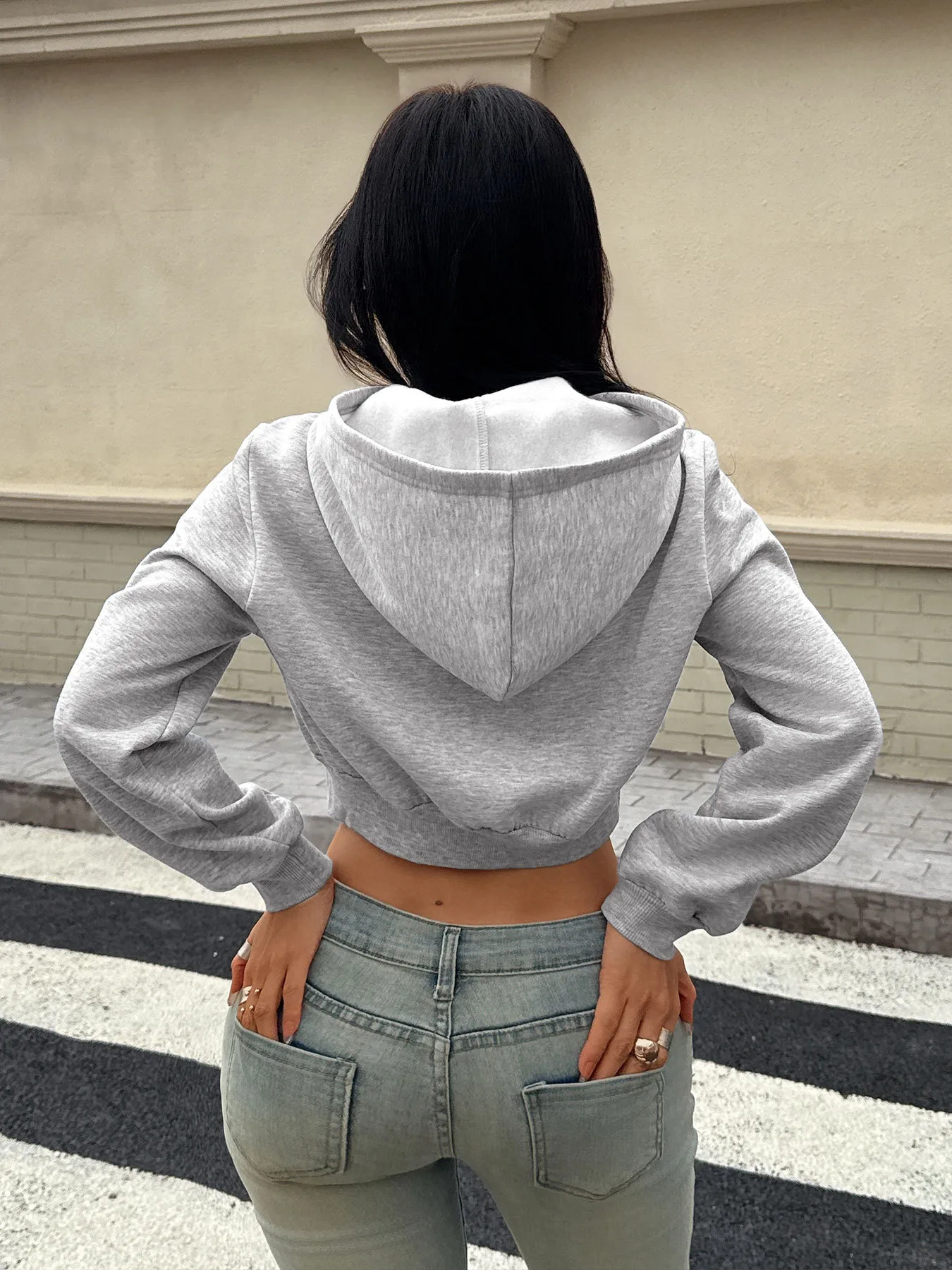 Grey Hoodie Jacket Short Casual Style Women's Fashionable Trendy Zipper Closure Long Sleeve Loose Fit Pure Color Sweatshirt display picture 6