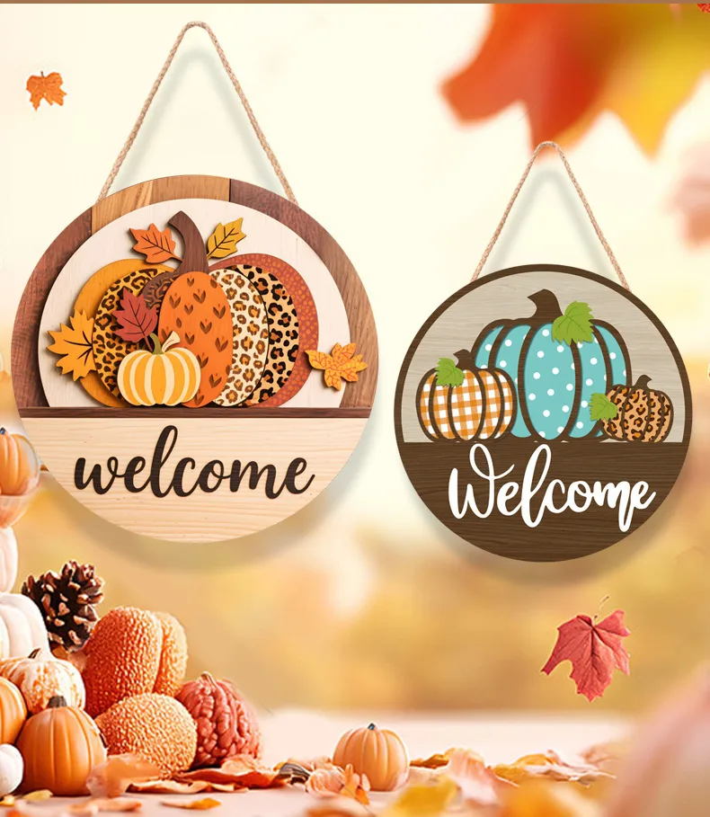 Thanksgiving Wooden Home Decoration Door Plate Round Plate Halloween Wooden Pumpkin Home Wall Decoration Pendant display picture 1
