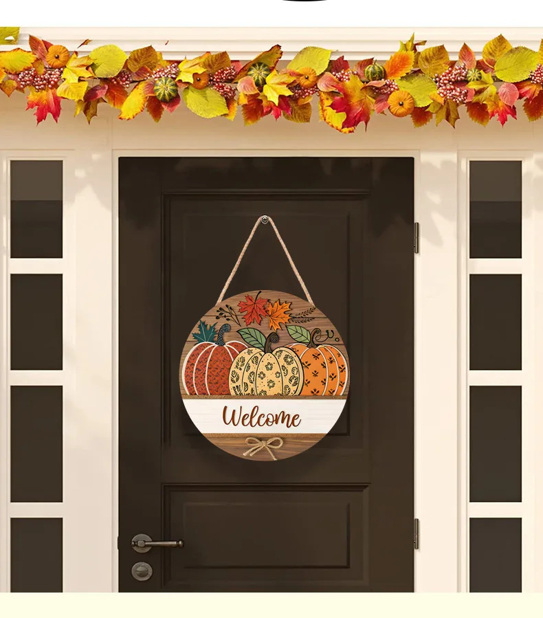 Thanksgiving Wooden Home Decoration Door Plate Round Plate Halloween Wooden Pumpkin Home Wall Decoration Pendant display picture 2