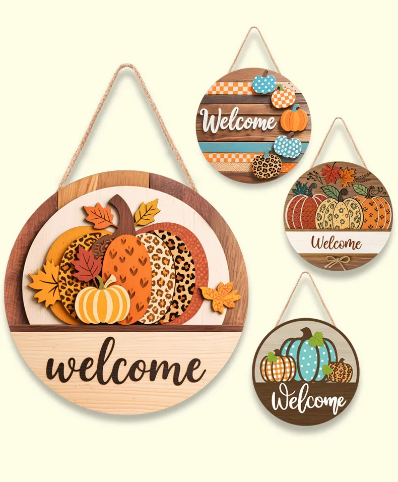 Thanksgiving Wooden Home Decoration Door Plate Round Plate Halloween Wooden Pumpkin Home Wall Decoration Pendant display picture 3